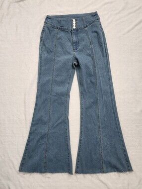 CIDER Size Medium High Waisted Flare Jeans Medium Blue Festival Retro Boho Vibe
